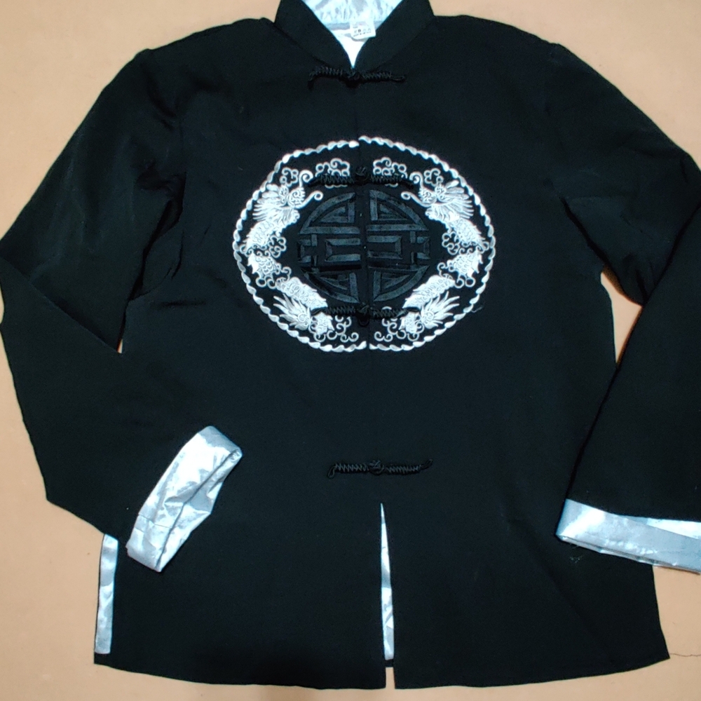 Vintage Unisex Vietnamese Black Embroidered Jacket with Silver Accents